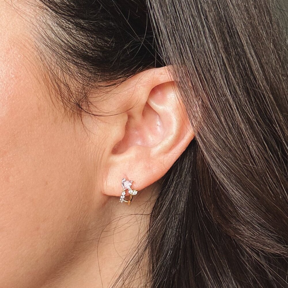 Heart Rhinestone Huggie Hoop Earrings | Gold and Pink